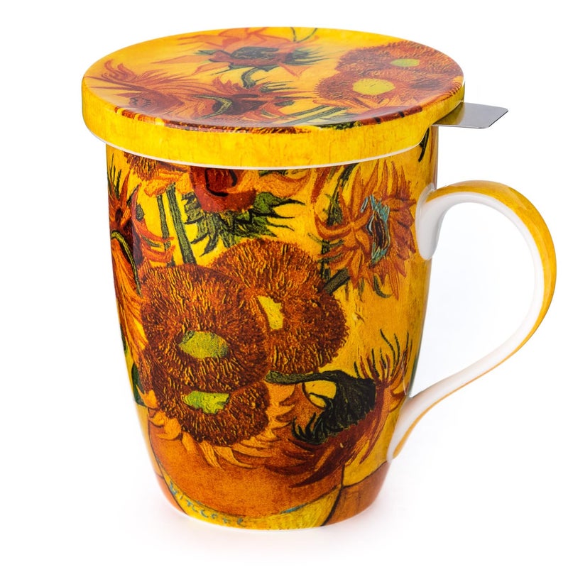McIntosh Mugs Van Gogh Sunflowers Fine Bone ChinaTea Mug with Lid and Infuser (15 oz) - Image 1